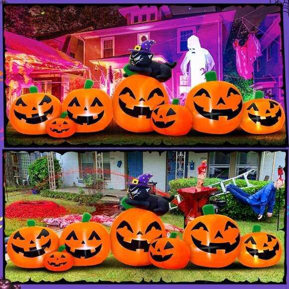 8FT Halloween Inflatables Pumpkin Decorations with Black Cat Holiday Party Lawn - Picture 3 of 6